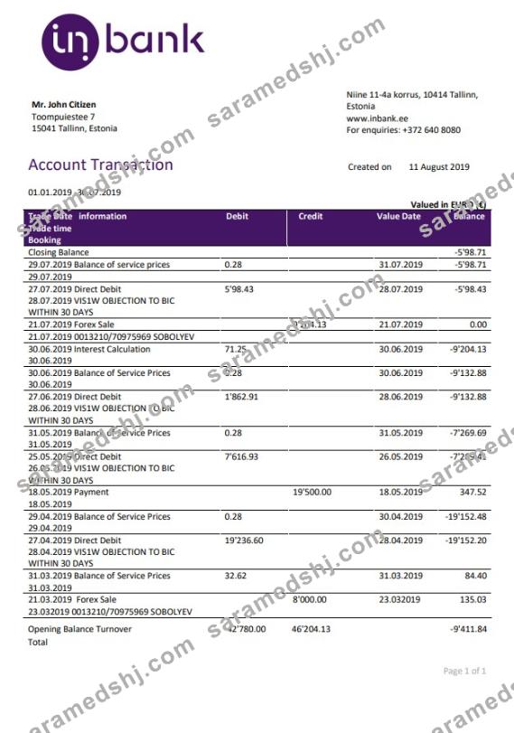 Estonia Inbank bank statement